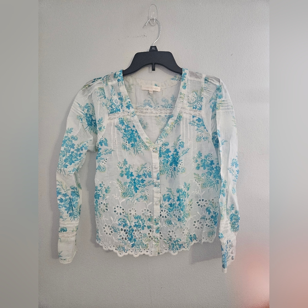 Love Shack Fancy Floral Blue and White Women's Top